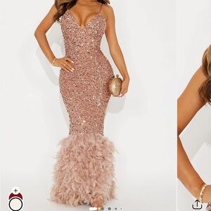 Fashion Nova Rose Gold Sequin Feather Hem Mermaid Gown